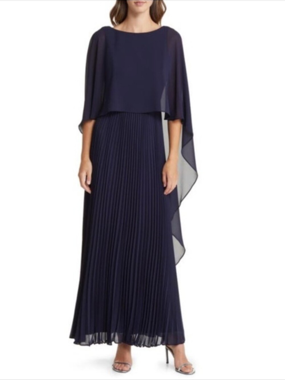 Marina Women's Navy Capelet Pleated Skirt Dress